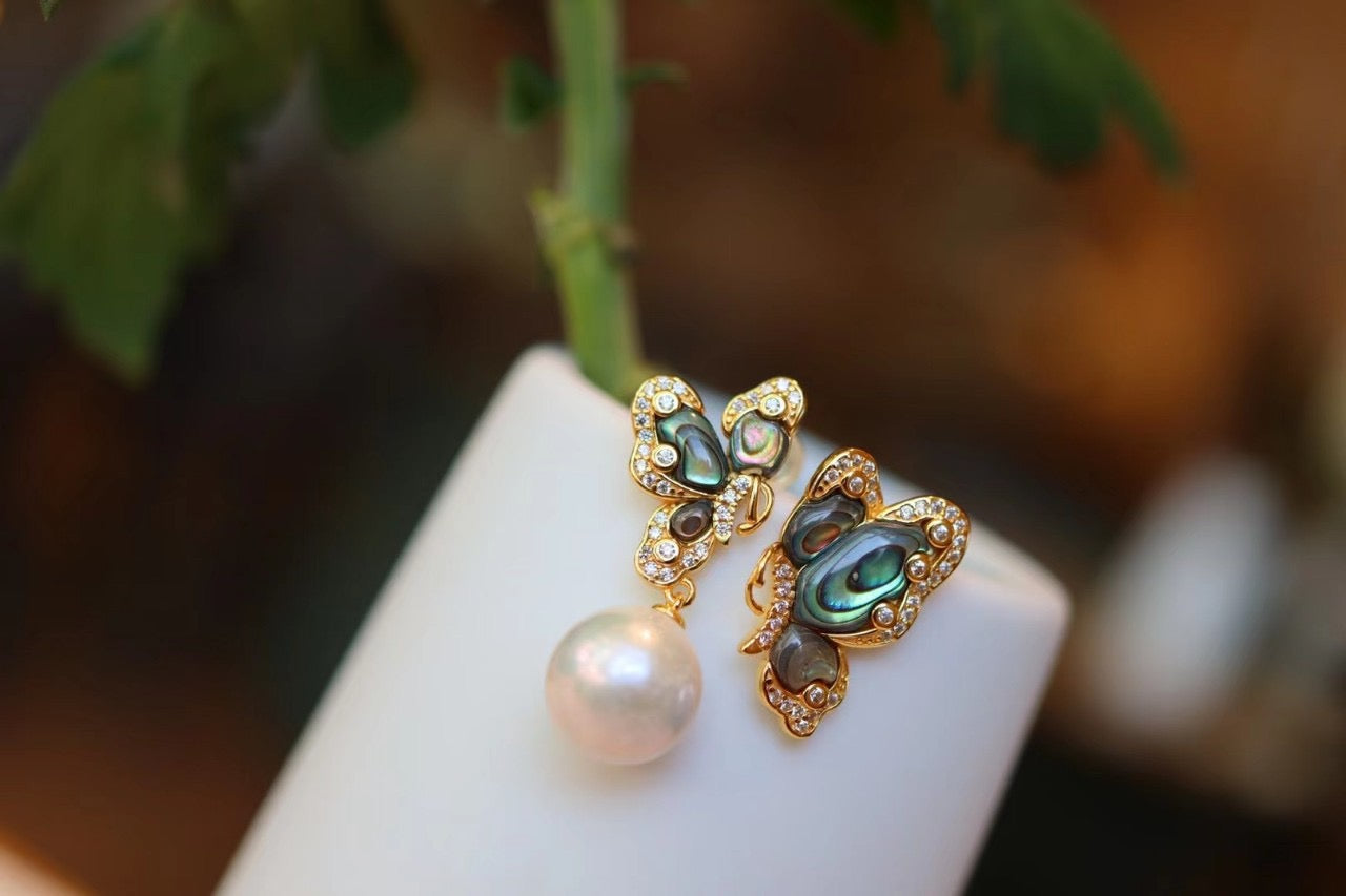 Asymmetrical Butterfly Earrings with Natural Baroque Pearl Drop