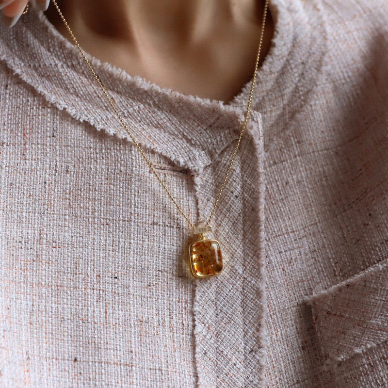 Perfume Bottle-Shaped Amber Pendant Necklace